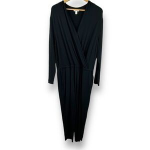 Daily‎ Ritual Women's XL Long Sleeve Faux Wrap Jumpsuit Solid Black Comfy Casual
